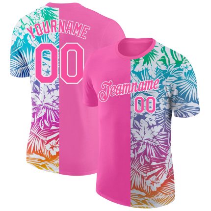 Personalized Pink White 3D Pattern Design Tropical Palm Leaves Performance T-Shirt Team Custom Name and Number