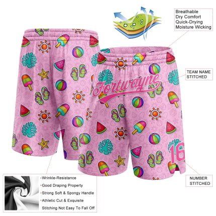 Personalized Pink White 3D Pattern Summer Ice Cream And Watermelon Authentic Basketball Shorts Team Custom Name and Number