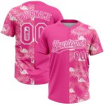 Personalized Pink White 3D Pattern Tropical Palm Leaves And Famingo Two-Button Unisex Softball Jersey Team Custom Name and Number