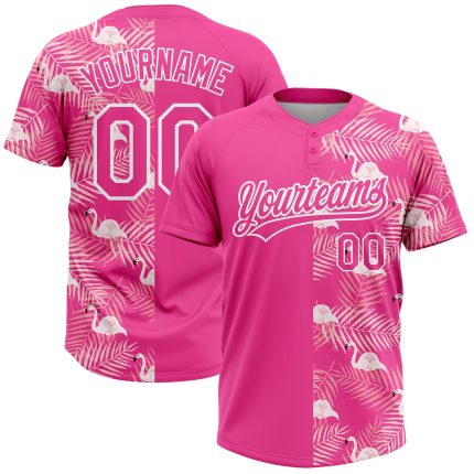 Personalized Pink White 3D Pattern Tropical Palm Leaves And Famingo Two-Button Unisex Softball Jersey Team Custom Name and Number