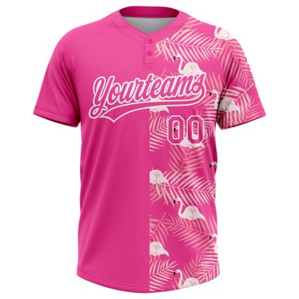Personalized Pink White 3D Pattern Tropical Palm Leaves And Famingo Two-Button Unisex Softball Jersey Team Custom Name and Number