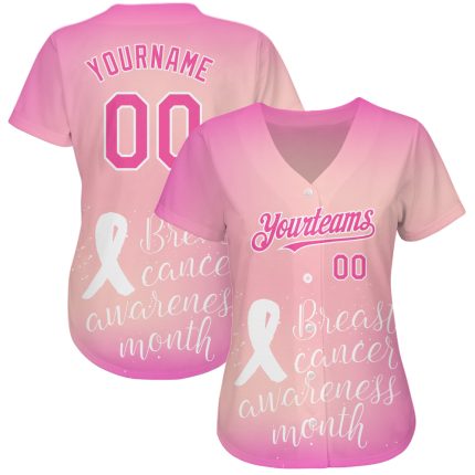 Personalized Pink White 3D Pink Ribbon Breast Cancer Awareness Month Women Health Care Support Authentic Baseball Jersey