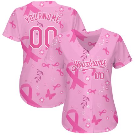 Personalized Pink White 3D Pink Ribbon Breast Cancer Awareness Month Women Health Care Support Authentic Baseball Jersey Team Custom Name and Number