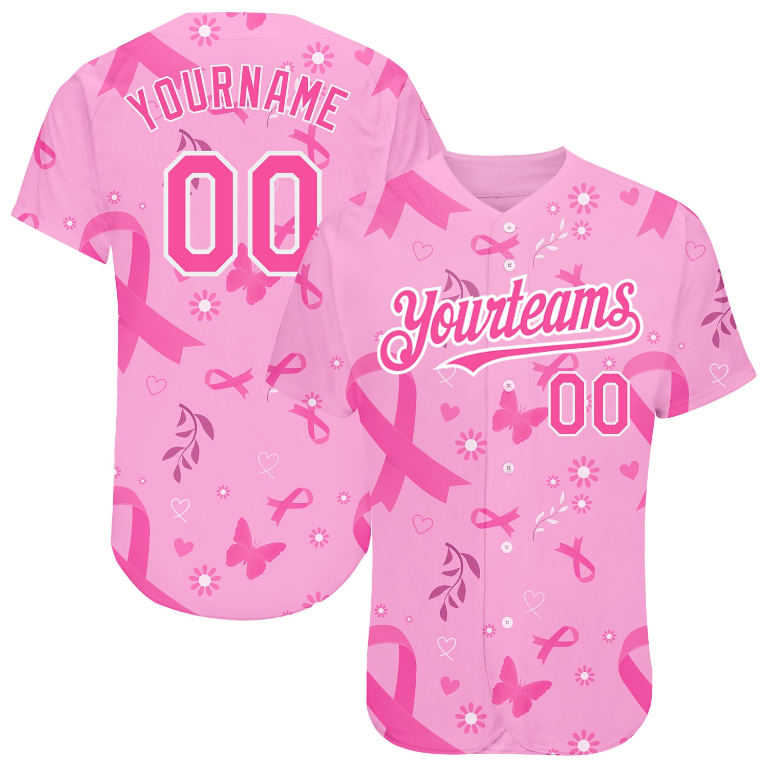 Personalized Pink White 3D Pink Ribbon Breast Cancer Awareness Month Women Health Care Support Authentic Baseball Jersey Team Custom Name and Number