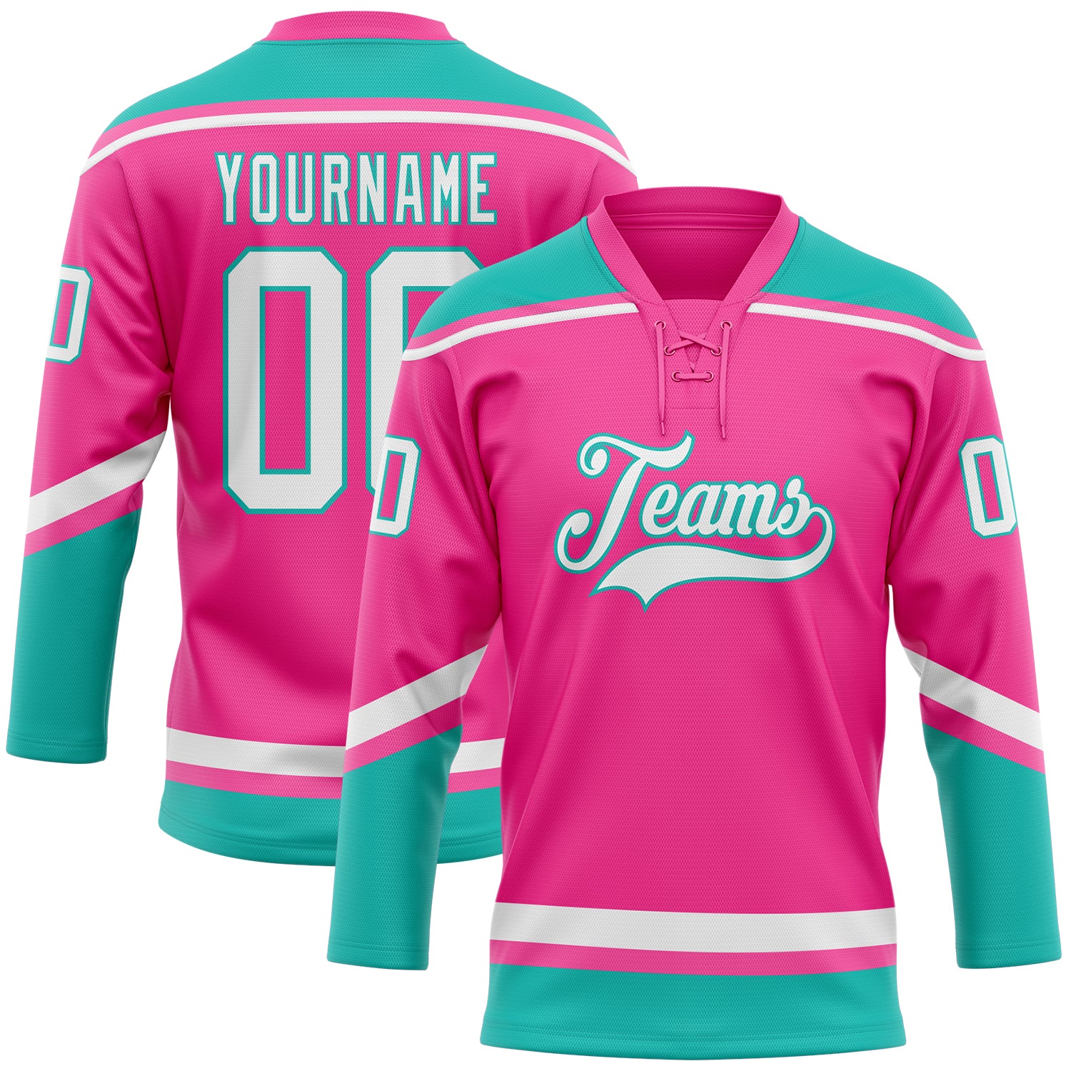 Personalized Pink White-Aqua Hockey Lace Neck Jersey Team Custom Name and Number