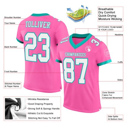 Personalized Pink White-Aqua Mesh Authentic Football Jersey Team Custom Name and Number