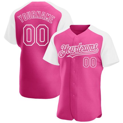 Custom pink and white raglan sleeve baseball jersey