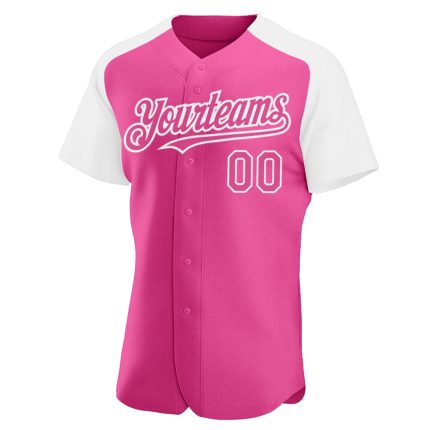 Custom pink and white raglan sleeve baseball jersey, back view