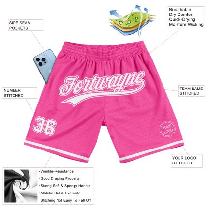 Personalized Pink White Authentic Throwback Basketball Shorts Team Custom Name and Number