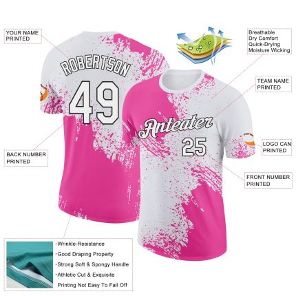 Personalized Pink White-Black 3D Pattern Design Abstract Brush Stroke Performance T-Shirt Team Custom Name and Number