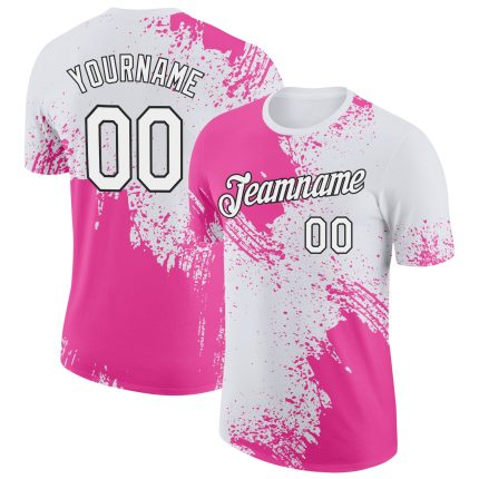 Personalized Pink White-Black 3D Pattern Design Abstract Brush Stroke Performance T-Shirt Team Custom Name and Number
