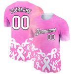 Personalized Pink White-Black 3D Pink Ribbon Breast Cancer Performance T-Shirt Team Custom Name and Number