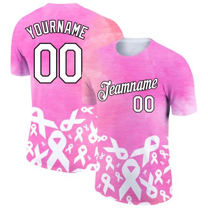 Personalized Pink White-Black 3D Pink Ribbon Breast Cancer Performance T-Shirt Team Custom Name and Number
