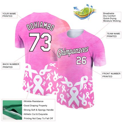 Personalized Pink White-Black 3D Pink Ribbon Breast Cancer Performance T-Shirt Team Custom Name and Number