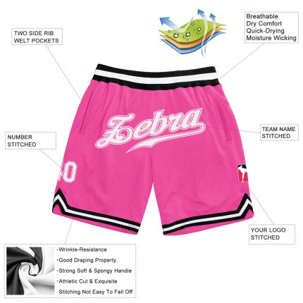Personalized Pink White-Black Authentic Throwback Basketball Shorts Team Custom Name and Number