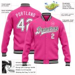 Personalized Pink White-Black Bomber Full-Snap Varsity Letterman Jacket Team Custom Name and Number