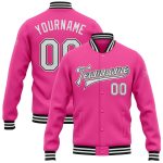 Personalized Pink White-Black Bomber Full-Snap Varsity Letterman Jacket Team Custom Name and Number