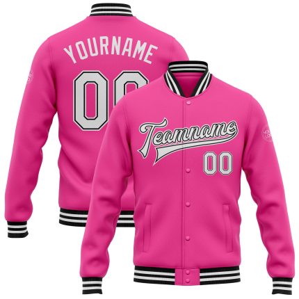 Personalized Pink White-Black Bomber Full-Snap Varsity Letterman Jacket Team Custom Name and Number