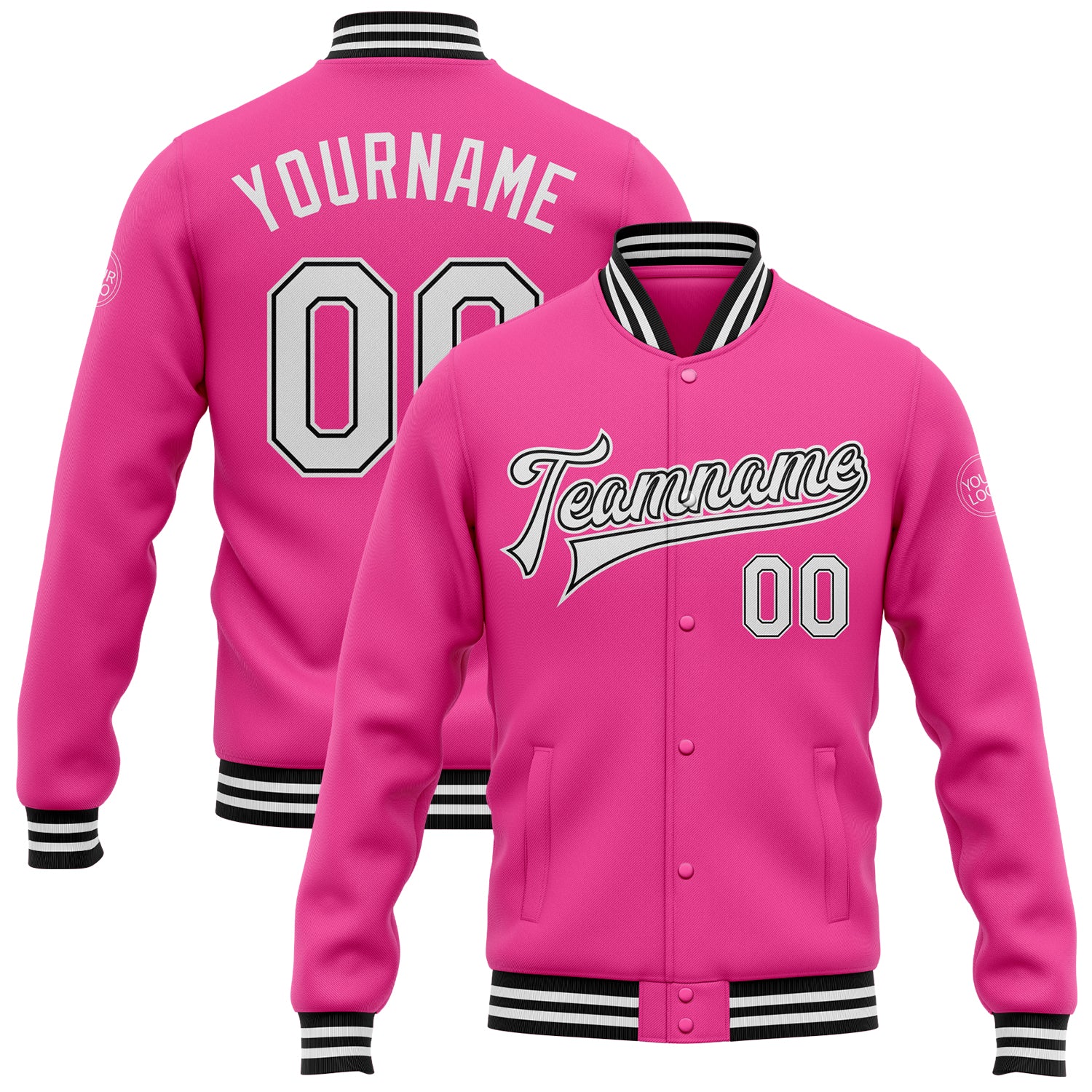 Personalized Pink White-Black Bomber Full-Snap Varsity Letterman Jacket Team Custom Name and Number