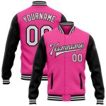 Personalized Pink White-Black Bomber Full-Snap Varsity Letterman Two Tone Jacket Team Custom Name and Number
