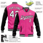 Personalized Pink White-Black Bomber Full-Snap Varsity Letterman Two Tone Jacket Team Custom Name and Number