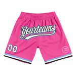 Personalized Pink White Black-Light Blue Authentic Throwback Basketball Shorts Team Custom Name and Number