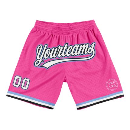 Personalized Pink White Black-Light Blue Authentic Throwback Basketball Shorts Team Custom Name and Number