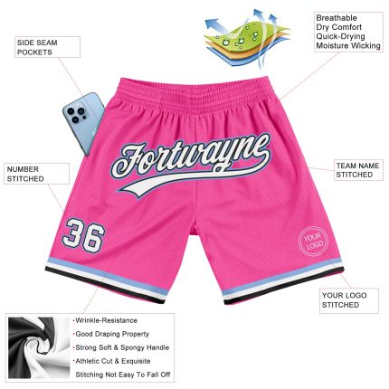 Personalized Pink White Black-Light Blue Authentic Throwback Basketball Shorts Team Custom Name and Number