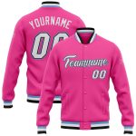 Personalized Pink White Black-Light Blue Bomber Full-Snap Varsity Letterman Jacket Team Custom Name and Number