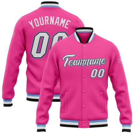 Personalized Pink White Black-Light Blue Bomber Full-Snap Varsity Letterman Jacket Team Custom Name and Number