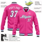 Personalized Pink White Black-Light Blue Bomber Full-Snap Varsity Letterman Jacket Team Custom Name and Number