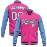 Personalized Pink White Black-Light Blue Bomber Full-Snap Varsity Letterman Two Tone Jacket