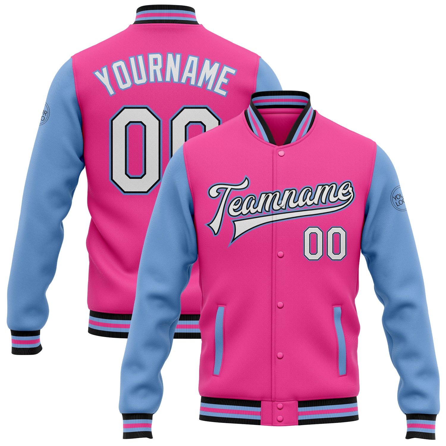 Personalized Pink White Black-Light Blue Bomber Full-Snap Varsity Letterman Two Tone Jacket