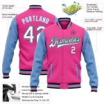 Personalized Pink White Black-Light Blue Bomber Full-Snap Varsity Letterman Two Tone Jacket