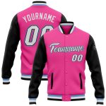 Personalized Pink White Black-Light Blue Bomber Full-Snap Varsity Letterman Two Tone Jacket Team Custom Name and Number