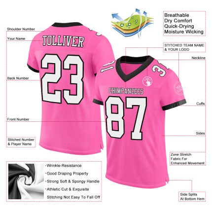 Personalized Pink White-Black Mesh Authentic Football Jersey Team Custom Name and Number