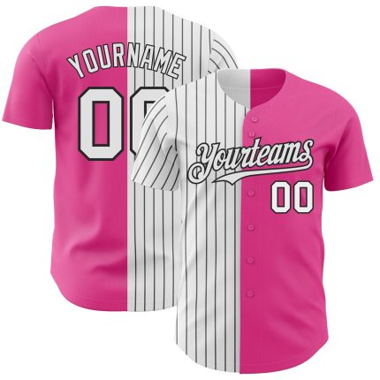 Personalized Pink White-Black Pinstripe Authentic Split Fashion Baseball Jersey Team Custom Name and Number