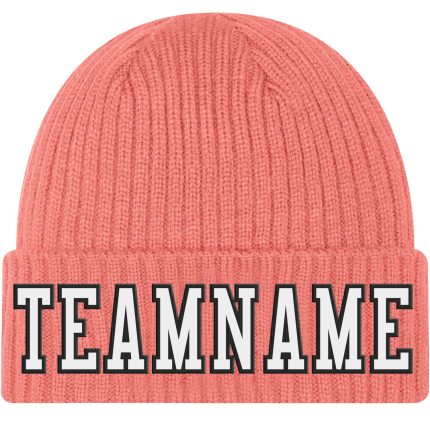 Personalized Pink White-Black Stitched Cuffed Knit Hat Team Custom Name and Number