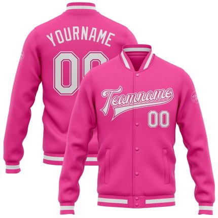 Personalized Pink White Bomber Full-Snap Varsity Letterman Jacket Team Custom Name and Number