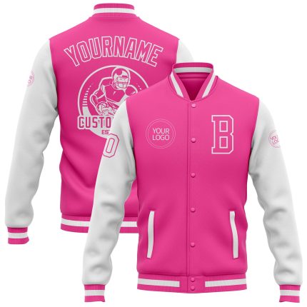Personalized Pink White Bomber Full-Snap Varsity Letterman Two Tone Jacket Team Custom Name and Number