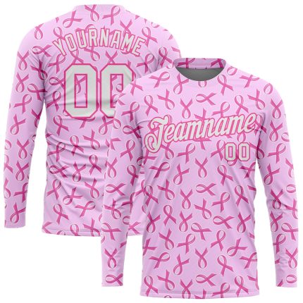 Personalized Pink White Breast Cancer 3D Pattern Long Sleeve Performance T-Shirt Team Custom Name and Number