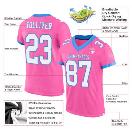 Personalized Pink White-Electric Blue Mesh Authentic Football Jersey Team Custom Name and Number