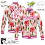 Personalized Pink White Fuzzy Rose Art 3D Pattern Design Bomber Full-Snap Varsity Letterman Jacket Team Custom Name and Number