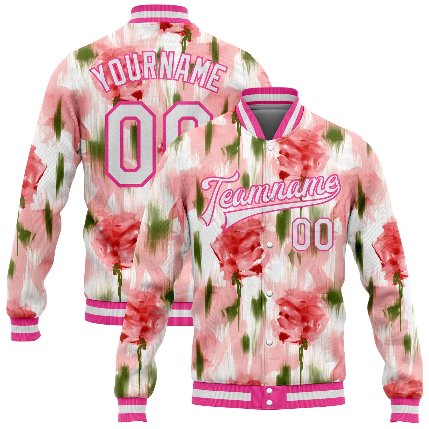 Personalized Pink White Fuzzy Rose Art 3D Pattern Design Bomber Full-Snap Varsity Letterman Jacket Team Custom Name and Number