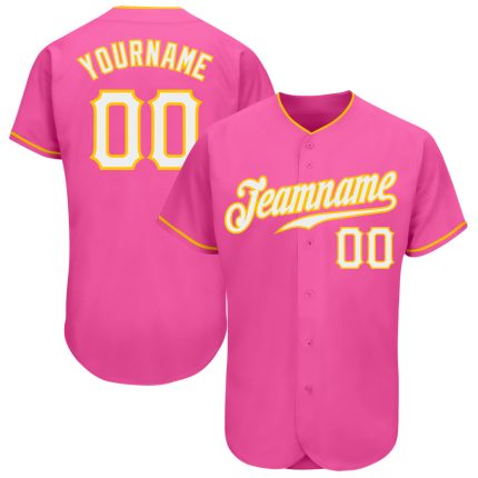 Personalized Pink White-Gold Authentic Baseball Jersey Team Custom Name and Number