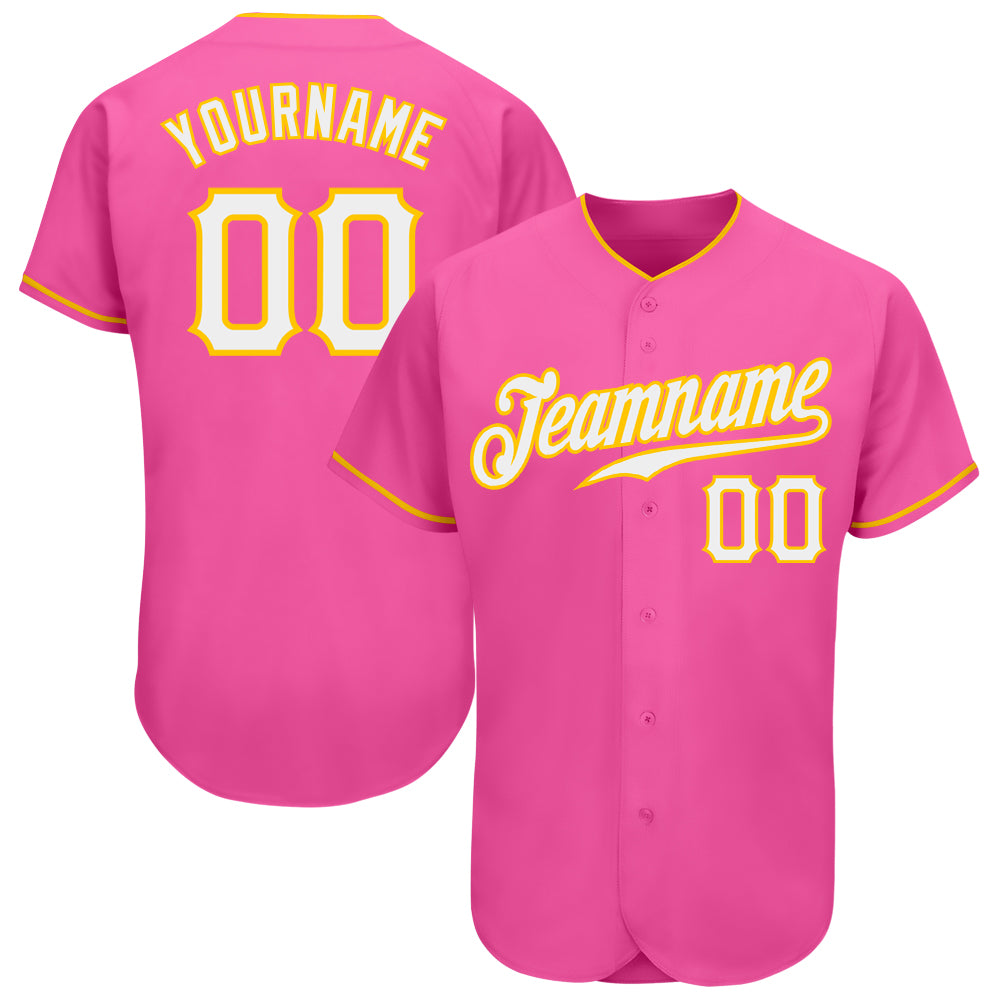 Personalized Pink White-Gold Authentic Baseball Jersey Team Custom Name and Number