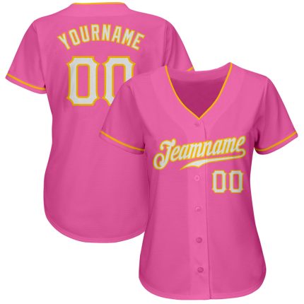 Personalized Pink White-Gold Authentic Baseball Jersey Team Custom Name and Number
