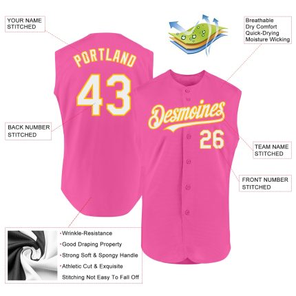 Personalized Pink White-Gold Authentic Sleeveless Baseball Jersey Team Custom Name and Number