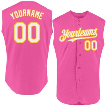 Personalized Pink White-Gold Authentic Sleeveless Baseball Jersey Team Custom Name and Number
