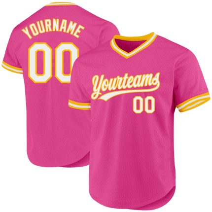Personalized Pink White-Gold Authentic Throwback Baseball Jersey Team Custom Name and Number